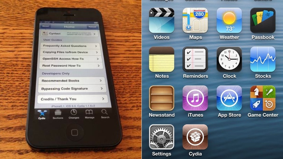 Hình ảnh iPhone 5 đã bị bẻ khoá và chạy được kho ứng dụng Cydia.