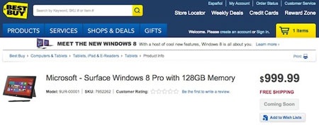 Máy tính bảng Surface Pro bắt đầu xuất hiện trên Best Buy - 2 Surface Pro xuất hiện trên gian hàng của Best Buy.