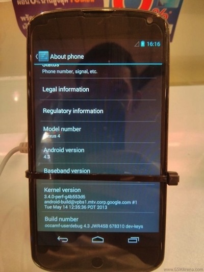 Android 4.3 bất ngờ xuất hiện trên Nexus 4 - 1 Thông tin về Android 4.3 trên Nexus 4.