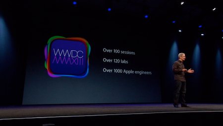 Tim Cook  đang giới thiệu về sự kiện WWDC.