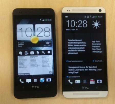 Hình ảnh HTC One mini xuất hiện, giá gần 11 triệu đồng - 1 HTC One mini (trái) có màn hình 4,3 inch, ngắn hơn so với phiên bản One chính thức.