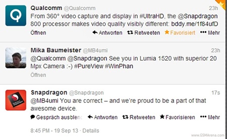 Đoạn tweet của Qualcomm về chiếc điện thoại Lumia 1520.