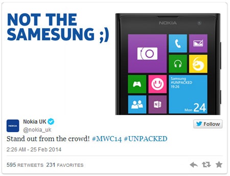 HTC, Nokia “đá xoáy” điện thoại Galaxy S5 - 1 Đoạn Tweet của Nokia đả kích Galaxy S5 về thiết kế.