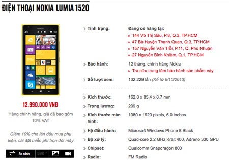 Giá bán mới của Lumia 1520 trên các đại lý di động.