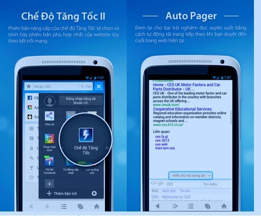 Chế độ Tăng Tốc và Tự động tải trang của trình duyệt UC được
nhiều người dùng yêu thích