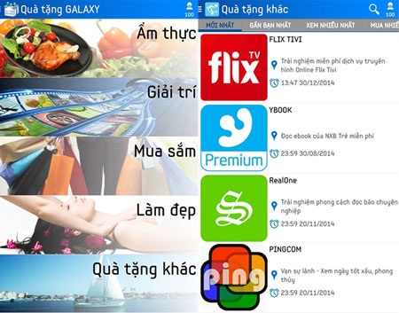 PingSky (RealOne), Flix TV và YBook Premium trong mục Quà Tặng Khác của ứng dụng Quà Tặng Galaxy
