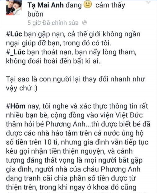 Sự thật về tin đồn gia đình bé Phương Anh đã nhận được... 10 tỉ đồng - 2 Thông tin bé nhận 10 tỉ đồng từ tài khoản facebook Tạ Mai Anh lan trên cộng đồng mạng.