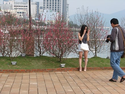 Bạn trẻ tạo dáng chụp hình bên hoa