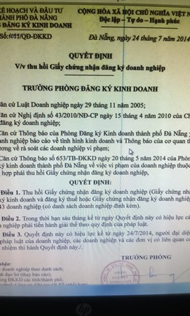 Thu hồi giấy phép gần 250 doanh nghiệp "vô hình"và "sống thực vật" - 1 Quyết định thu hồi giấy phép kinh doanh đối với 243 doanh nghiệp của Sở Kế hoạch và Đầu tư Đà Nẵng