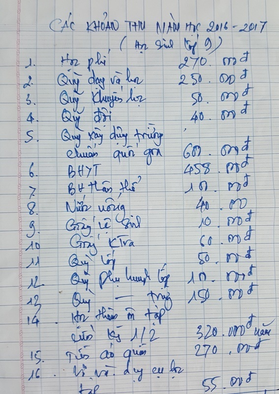 Phụ huynh than phiền nhà trường đặt ra các khoản thu “trái khoáy” - 2 Danh mục các khoản thu do nhà trường đặt ra (Ảnh do phụ huynh cung cấp).