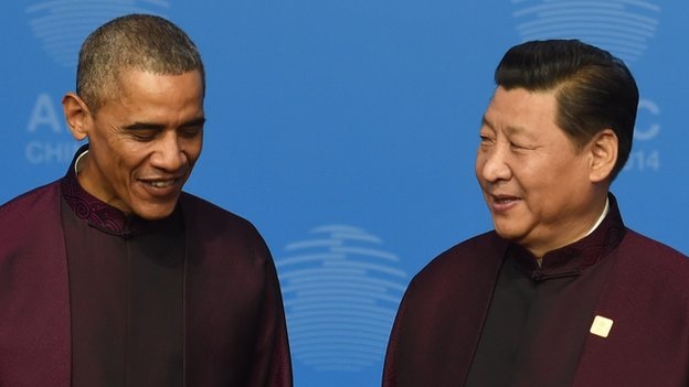 Trung Quốc thúc đẩy hiệp định thương mại "đối chọi" với TPP - 2 Tổng thống Mỹ Barack Obama và Chủ tịch Trung Quốc Tập Cận Bình tại APEC 2014.