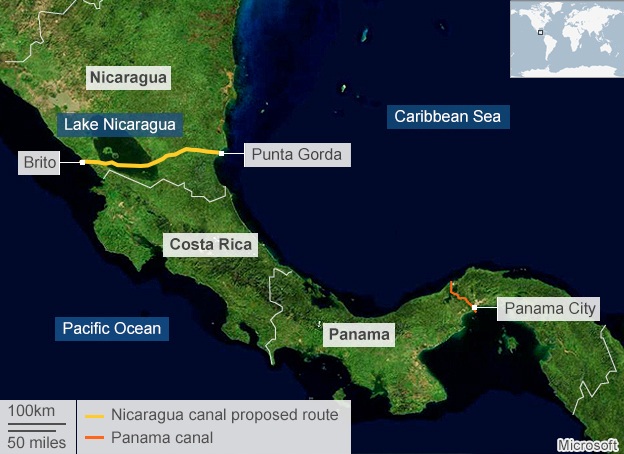 Mỹ lo ngại về sự thiếu minh bạch của kênh đào xuyên Nicaragua - 1 Đồ họa mô phỏng kênh đào xuyên Nicaragua (màu vàng) và kênh đào Panama (màu cam). (Đồ họa:
