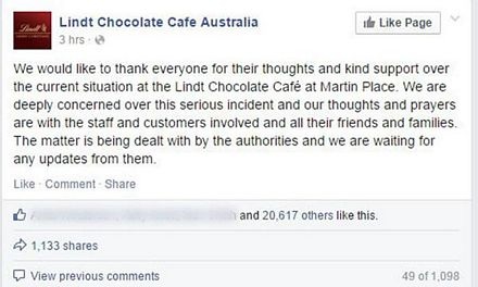 Chuỗi cửa hàng cà phê Lindt tại Úc đăng thông báo về vụ việc trên mạng xã hội.