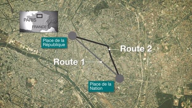 2 tuyến đường tuần hành tại Paris. (Đồ họa: BBC)