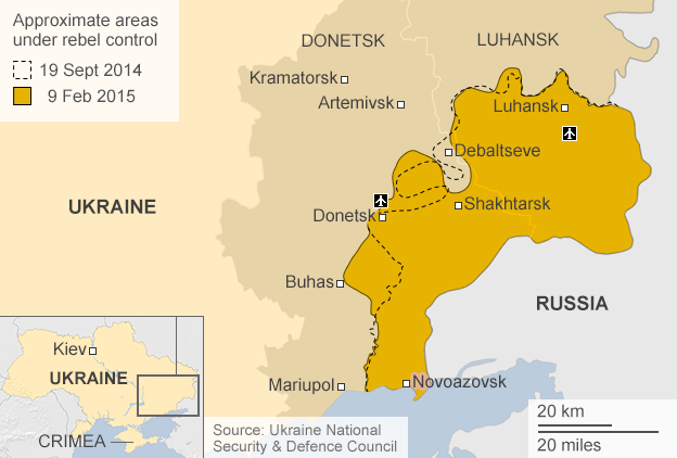 Tổng thống Ukraine nói không chấp nhận các điều kiện của Nga - 2 Vùng màu vàng là các khu vực hiện do phe ly khai kiểm soát ở Đông Ukraine (Đồ họa: