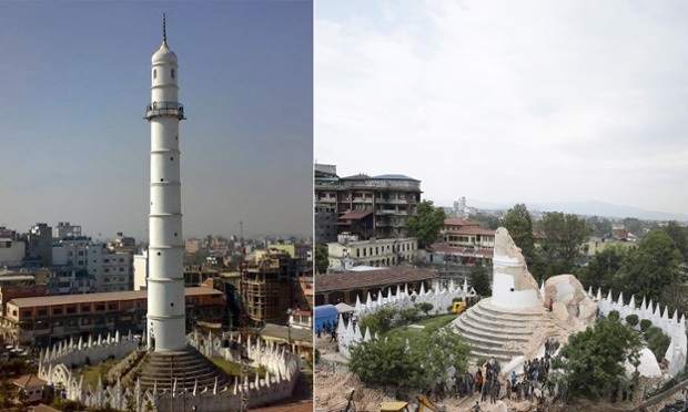 Một tòa tháp nổi tiếng tại Kathmandu bị phá hủy (Ảnh: Guardian)