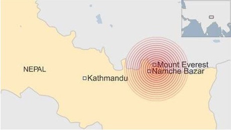 Động đất mạnh 7,4 độ richter lại rung chuyển Nepal, 4 người chết - 1 Tâm chấn của động đất gần núi Everest (Đồ họa: