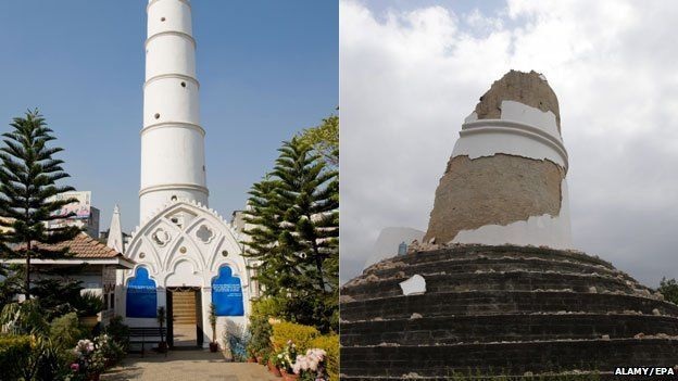 Tháp Dharahara nổi tiếng tại thủ đô Kathmandu trước và sau động đất (Ảnh: