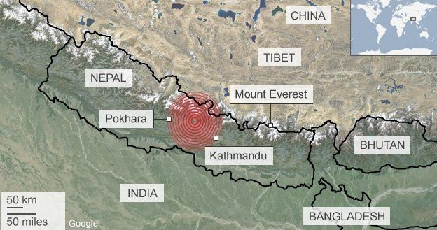Bản đồ động đất tại Nepal (Đồ họa: BBC)