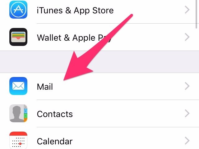 Mẹo ngăn chặn Apple Mail làm rối tung hộp thư đến trên iOS 10 - 3 Sau đó, kéo xuống mục Mail