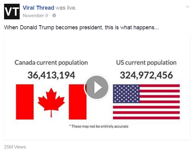 Top 10 video "hot" nhất trên Facebook năm 2016 thu hút nửa tỷ lượt xem - 3
Tại thời điểm ông Trump chiến thắng bà Clinton trong cuộc đua vào Nhà Trắng, một bộ phận người Mỹ đã tỏ ra lo ngại và tìm cách tháo chạy sang các nước láng giềng, trong đó có Canada. Đoạn video ghi lại sự thay đổi dân số tại Mỹ và Canada ngay trong quá trình tranh cử đã thu hút hơn 25 triệu lượt xem.