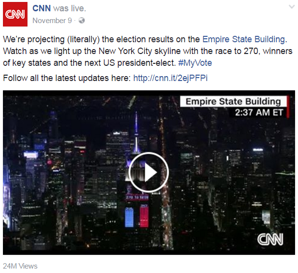 Top 10 video "hot" nhất trên Facebook năm 2016 thu hút nửa tỷ lượt xem - 4 Video ghi nhận tại tòa nhà Empire State Building sau khi ông Trump đắc cử tổng thống Mỹ thu hút 24 triệu lượt xem.