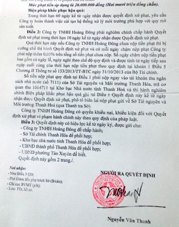Xử phạt công ty gây ô nhiễm môi trường trong khu dân cư - 2 Quyết định xử phạt vi phạm hành chính đối với công ty TNHH Hoàng Đông