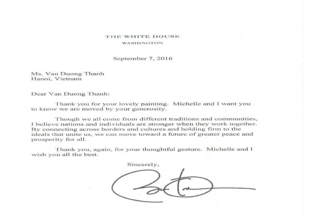 Nữ họa sĩ được Tổng thống Obama viết thư cảm ơn trình làng tranh Tết - 2 Tổng thống Mỹ Obama gửi thư cảm ơn họa sĩ Văn Dương Thành.
