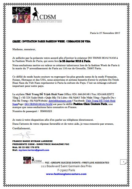 Tại sao NTK Việt được “đặc cách” mở màn Paris Fashion Week - Haute Couture 2018? - 1 Thư mời của BTC Paris Fashion Week - Haute Couture 2018 dành lời mời đến NTK Đỗ Trịnh Hoài Nam.