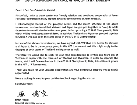 Văn bản JFA gửi AFF muốn thay đổi vị trí các đội tại 2 bảng giải U19 Đông Nam Á