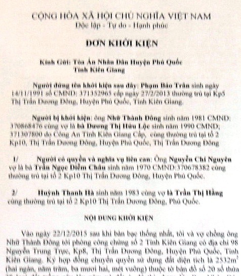 Hai cán bộ xã ở Phú Quốc xin nghỉ việc vì nợ tiền tỷ - 1 Đơn bà Phạm Bảo Trân kiện ông Nhữ Thành Đông