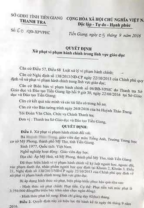 Thu hồi quyết định xử phạt cô giáo đánh học sinh - 1 Quyết định xử phạt cô H.T.Tr của Thanh tra Sỏ GD-ĐT tỉnh Tiền Giang đã thu hồi.