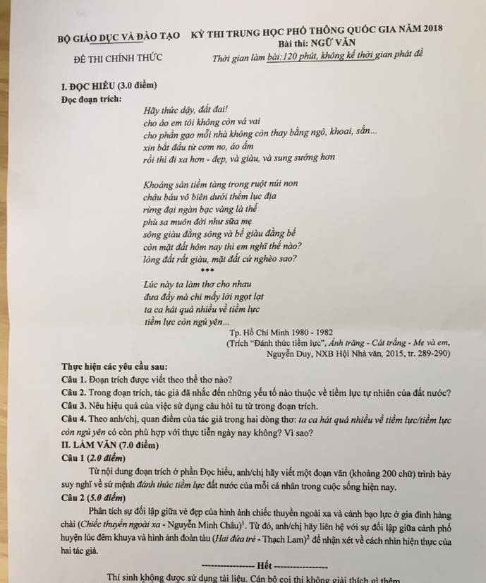 Đề Ngữ văn THPT quốc gia 2018: Người khen hay, người thấy... "khiếp"! - 3
Đề Văn kỳ thi THPT Quốc gia 2018