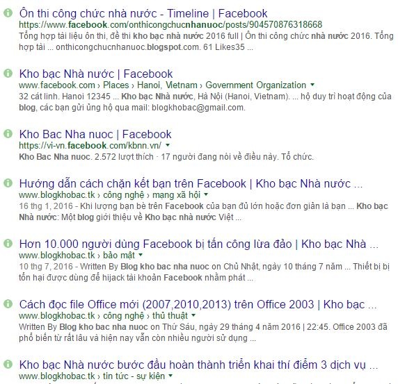 Một số trang facebook, blog mạo danh Kho bạc Nhà nước (ảnh chụp màn hình)