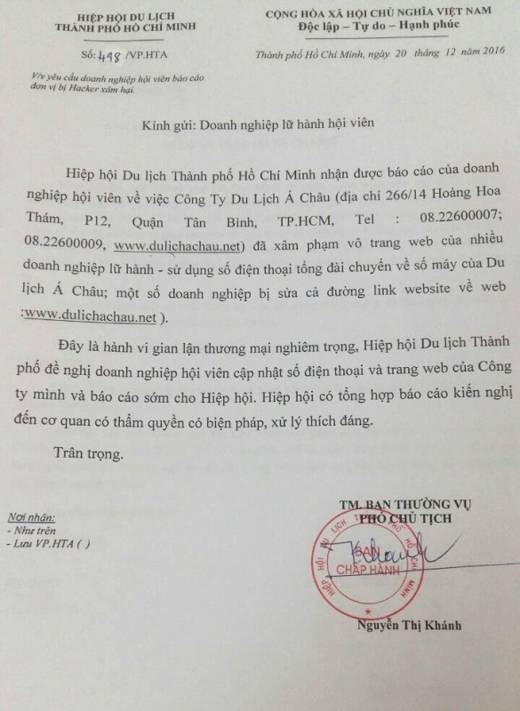 Công văn Hiệp hội Du lịch TPHCM gửi đến hội viên.