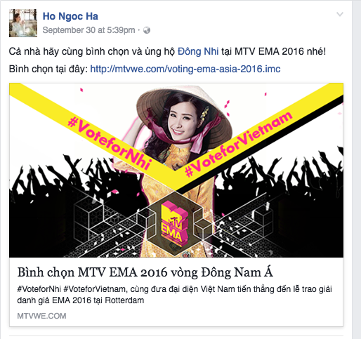 Mỹ Tâm, Hồ Hà kêu gọi bình chọn cho Đông Nhi ở MTV EMA 2016 - 2 Hồ Ngọc Hà và nhiều nghệ sĩ khác cũng đồng loạt kêu gọi bình chọn cho Đông Nhi. Ảnh: MTV.