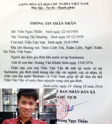Một lao động Việt tử vong tại Suriname, chưa được đưa về nước - 1 Thông tin của chính quyền xã Xuân Liên về cái chết của công dân Trần Văn Vận.