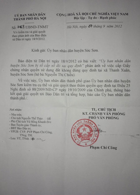 TP.Hà Nội yêu cầu làm rõ vụ "tố" cấp sai sổ đỏ tại huyện Sóc Sơn - 1 Văn bản hồi âm của UBND Thành phố Hà Nội
