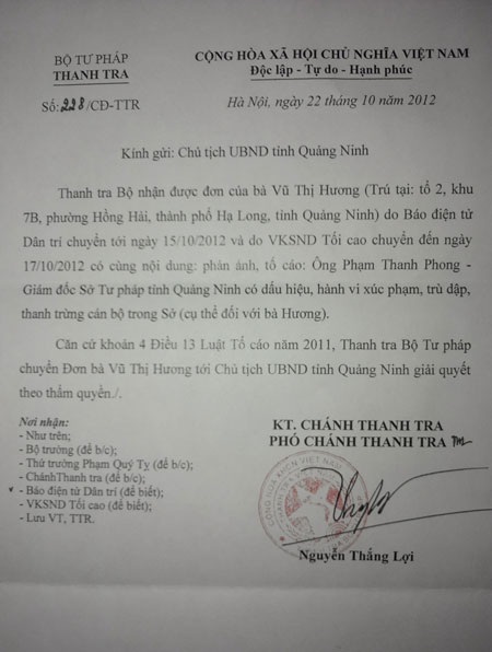 Thanh tra Bộ Tư pháp đề nghị làm rõ đơn tố cáo trù dập cán bộ tại Quảng Ninh - 1 Công văn Bộ Tư Pháp trả lời Báo Dân trí