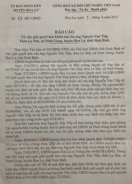 Công văn phúc đáp của UBND huyện Hoa Lư gửi báo