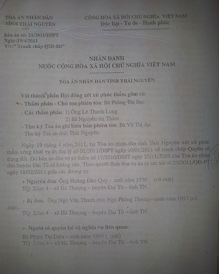 Cơ quan Thi hành án huyện Đại Từ bị "tố" thi hành án trái pháp luật - 2 Bản án phúc thẩm số 21/2011/DSPT của TAND tinht Thái Nguyên