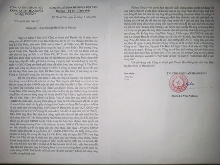 Công an thành phố Thanh Hóa làm rõ vụ chiếm nhà trái pháp luật - 1 Công văn Công an thành phố Thanh Hóa phúc đáp báo