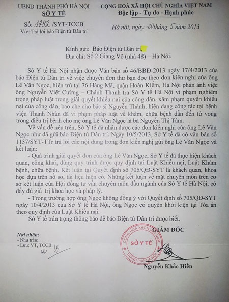 Sở Y tế Hà Nội kết luận vụ bệnh nhân tử vong tại bệnh viện Thanh Nhàn - 1 Công văn phúc đáp Sở Y tế Hà Nội gửi báo