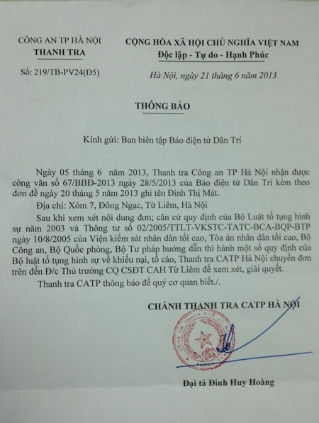Công an TP. Hà Nội chỉ đạo làm rõ vụ tai nạn có nhiều uẩn khúc - 1 Công văn Công an TP. Hà Nội phúc đáp báo