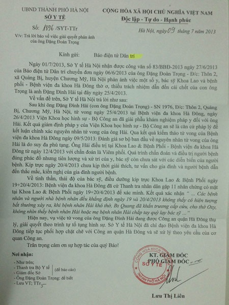 Công văn phúc đáp của Sở Y tế Hà Nội gửi báo
