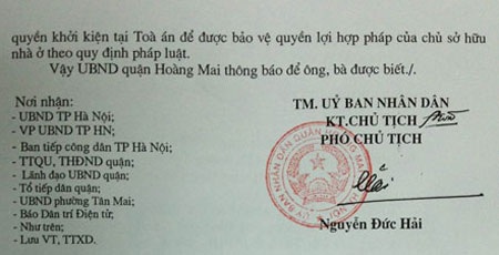 Công văn của UBND quận Hoàng Mai phúc đáp báo