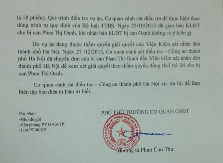 Công an TP Hà Nội phúc đáp vụ việc tại bệnh viện đa khoa huyện Hoài Đức - 2 Công văn Cơ quan CSĐT - Công an TP. Hà Nội phúc đáp báo Dân trí
