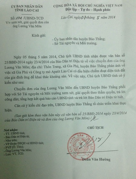 Công văn của UBND tỉnh Lào Cai phúc đáp báo Dân trí