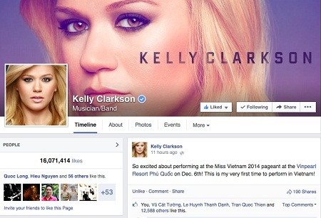 Kelly
Clarkson chia sẻ thông tin đến Việt Nam biểu diễn vào ngày 6/12 này.