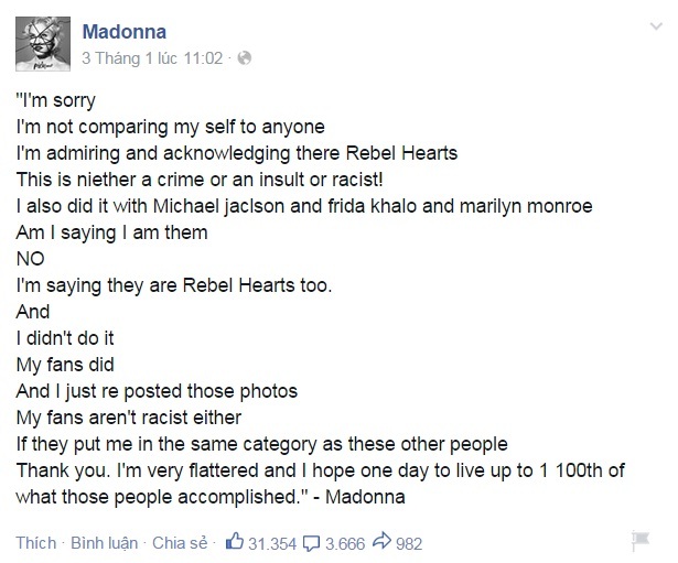 Madonna bất chấp dư luận, tiếp tục “chế ảnh” người quá cố - 1 Thực
tế, trong dòng chia sẻ ngắn ngủi này, Madonna có tới vài lỗi sai chính tả.